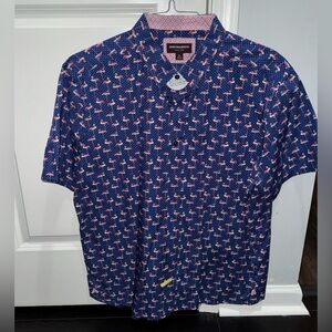 Johnston & Murphy Navy Short-Sleeve Button-Down with Pink Flamingo Print